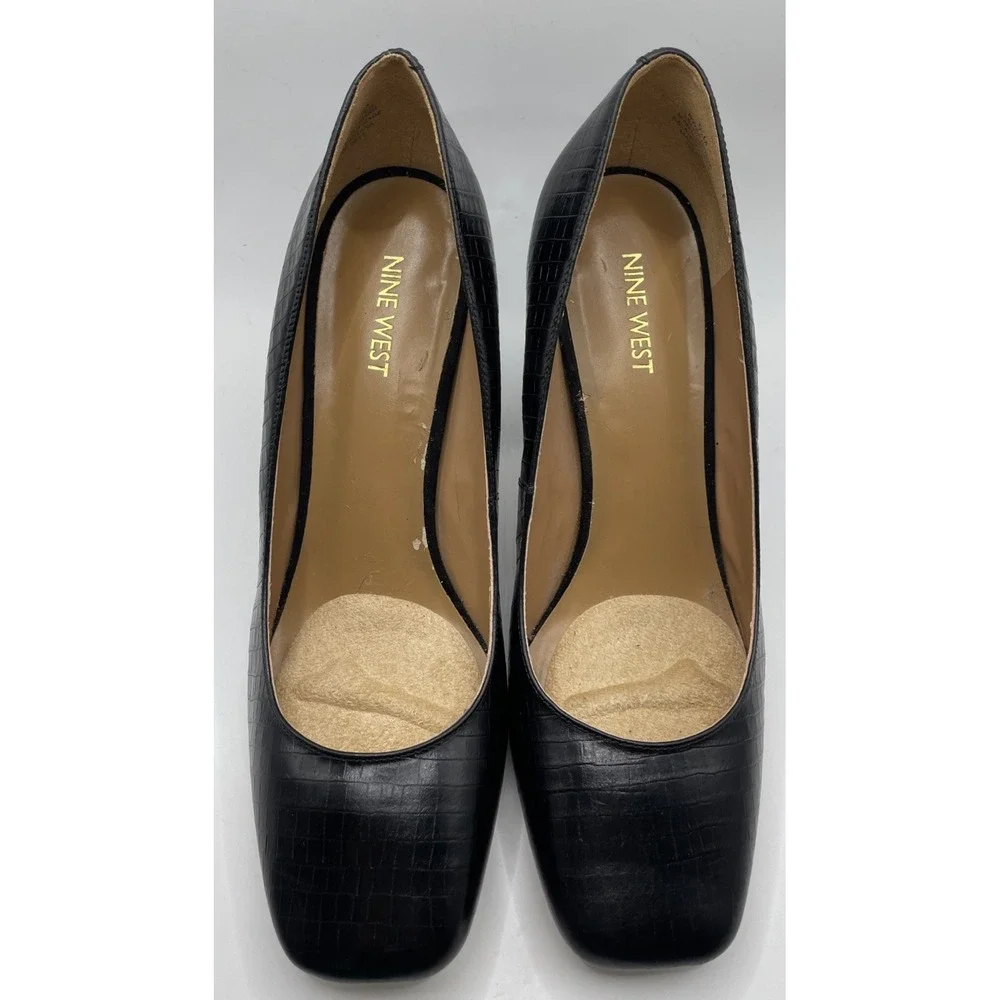 Nine West Block Heel Croc Embossed Black Leather Pumps Women's Size 9.5 M